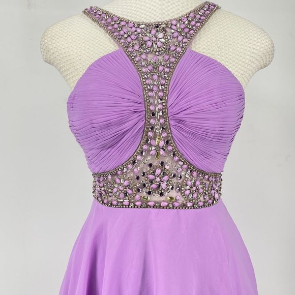 Custom Purple Beaded Halter Cocktail Dress - Picture 6 of 11